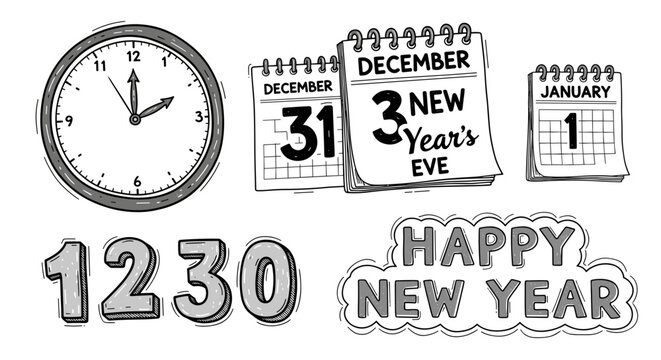 Hand drawn clock and calendar elements with happy new year text and numbers 1230 on black background - Powered by Adobe