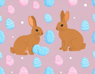 Two adorable brown bunnies sit amongst a cheerful pattern of pastel eggs, creating a lighthearted Easter scene.