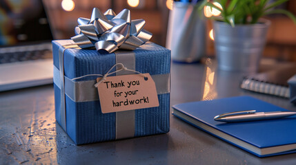 A beautifully wrapped gift box with a ribbon and a "Thank you for your hard work!" tag sits on an office desk, symbolizing employee appreciation and recognition