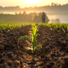 A vibrant young corn seedling emerges from the rich soil, bathed in the warm glow of sunrise.
