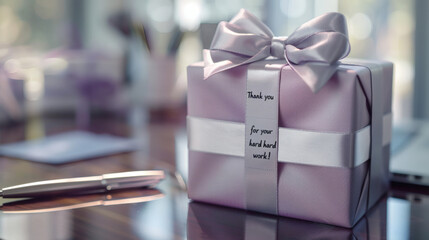 A beautifully wrapped gift box with a ribbon and a "Thank you for your hard work!" tag sits on an office desk, symbolizing employee appreciation and recognition