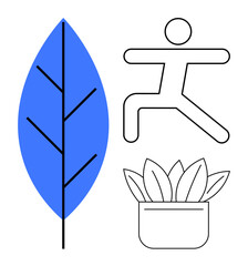 Blue leaf, human figure in active pose, and potted plant reflecting health, nature, self-care, mindfulness, sustainability, harmony and holistic living. Ideal for simple flat metaphor