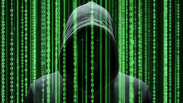 Shadowed Silhouette: A cloaked figure emerges from a neon green data stream, a captivating visual metaphor for anonymity and the unseen forces in a digital world.