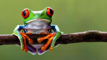 The Striking Red-Eyed Frog: An captivating image of a vibrant red-eyed tree frog, perched calmly on a branch against a verdant background, its eye catching the gaze of viewers.