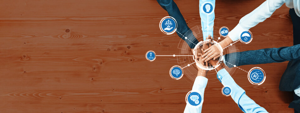 A dynamic scene showcasing business professionals collaborating in ethical decision making. Hands reach towards a central point, symbolizing unity and shared values. Amity