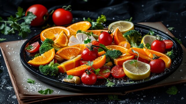 An enchanting open book surrounded by floating fruits and vegetables in a whimsical scene