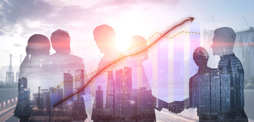 A captivating visual representation of business growth, showcasing silhouettes of a team engaged in partnership against a dynamic city backdrop. Impute