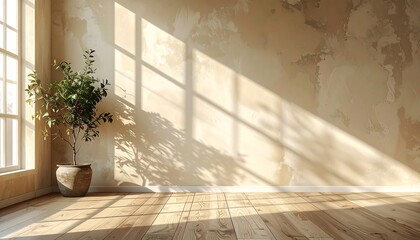 A sun-drenched room with a potted plant, showcasing natural light and warm beige tones.  Sunlight streams through a window, casting soft shadows on the distressed beige wall and light wooden floor.