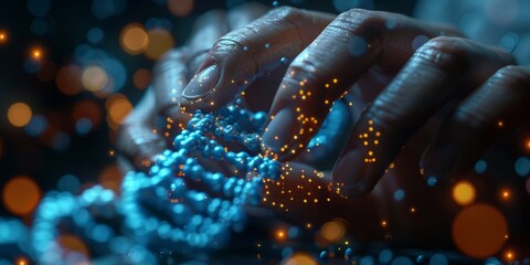 Hands interacting with a glowing digital DNA strand surrounded by vibrant bokeh lights