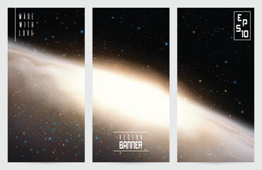 Spiral galaxy in outer space. Night starry sky. Cosmic banners vector set