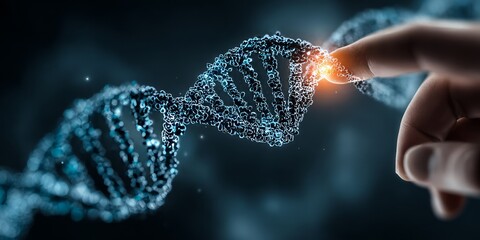 Human finger touching glowing DNA strand in futuristic digital concept of genetic science