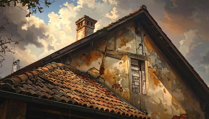 A weathered, old house's corner with terracotta tiles and a decaying facade, set against a dramatic sky.