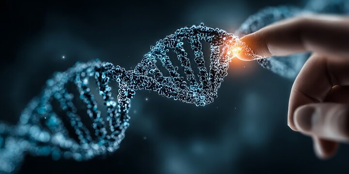 Human finger touching glowing DNA strand in futuristic digital concept of genetic science