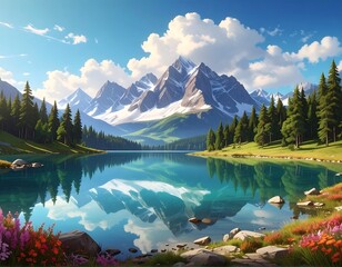 A serene lake nestled in a valley, surrounded by snow-capped mountains, lush forests, and vibrant wildflowers, reflecting a tranquil and peaceful atmosphere.