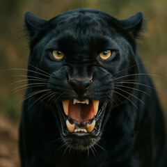  AI-Generated image of a fierce black panther baring its sharp fangs in an aggressive snarl.