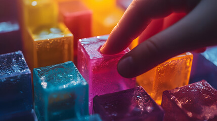 A finger touches a colorful ice cube among many. Sensory exploration and vibrant textures.