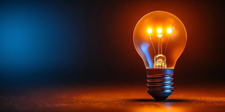 Lit light bulb on a dark surface with a contrasting warm and cool background