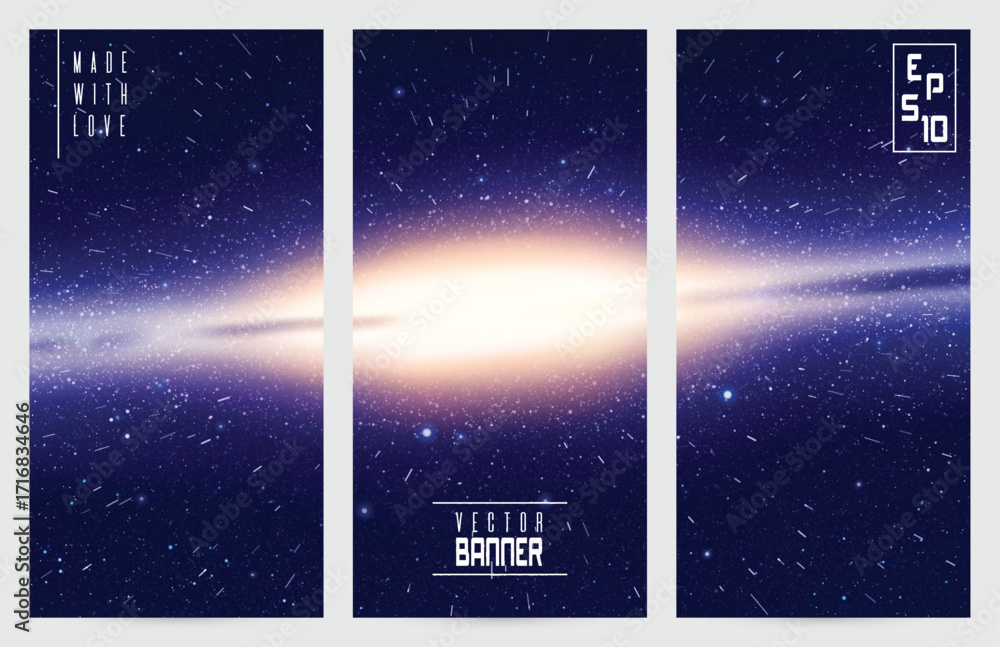 Poster bright galaxy in outer space. stars in fast motion. cosmic banners set