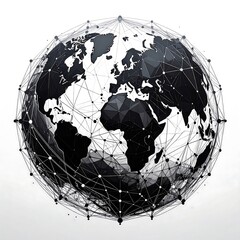 A global network design, featuring a detailed, polygonal representation of Earth, connected by a complex web of lines and points.