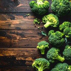 Fresh broccoli florets arranged artfully on a dark wooden surface, with scattered peppercorns and herbs.