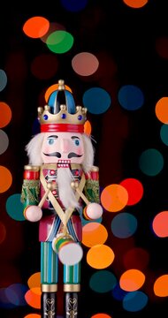 Christmas Toy Nutcracker Soldier on bokeh background of shining Christmas tree lights seasonal winter holidays video