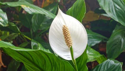 A pristine white peace lily flower stands out against a backdrop of lush, vibrant green foliage.