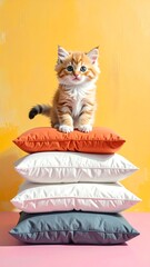 A delightful ginger kitten perched atop a stack of colorful cushions against a vibrant yellow backdrop.
