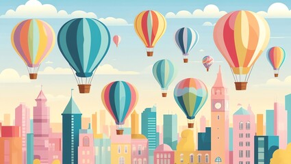 Hot air balloons float over a colorful cityscape under a cloudy sky