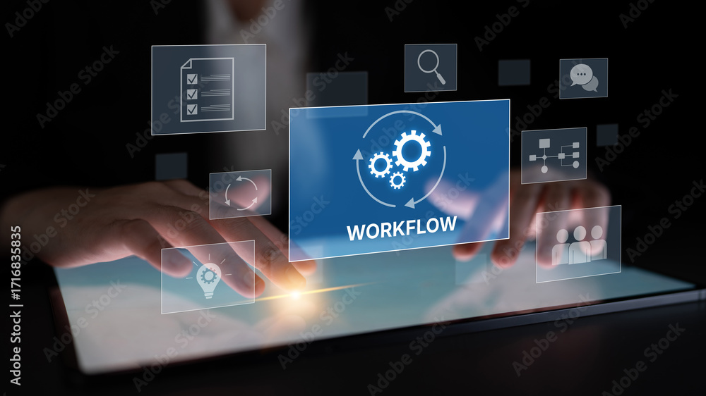 Poster workflow optimization concept featuring interconnected gears, task management, collaboration, proces