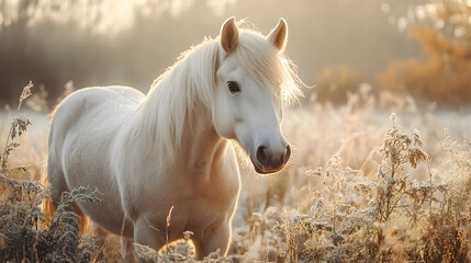 White horse in frozen field sunrise