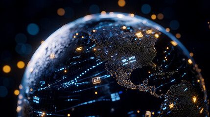 Stylized globe surrounded by glowing data streams and communication icons, palette of deep navy, neon turquoise, and white glow, digital globalization theme, AI generated