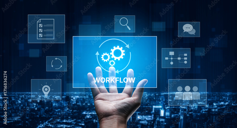 Poster workflow optimization concept featuring interconnected gears, task management, collaboration, proces