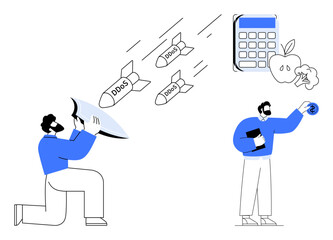DDoS attack missiles launched toward a defender holding a shield. A professional observes and holds a security token. Ideal for cybersecurity, data protection, risk management, online security