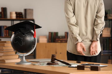 Handcuffed male teacher in classroom, back view. Corruption concept