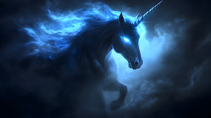 Mystical blue unicorn silhouette