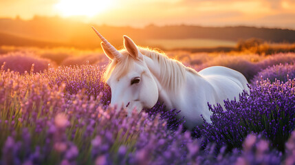 White unicorn in lavender field at sunset