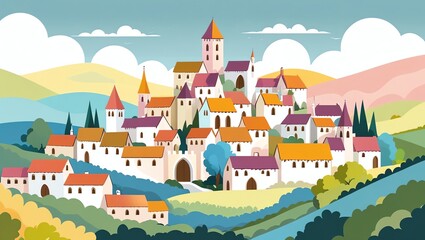 Stylized village with colorful roofs and rolling hills
