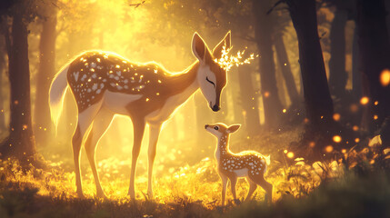 Deer mother and calf in golden light