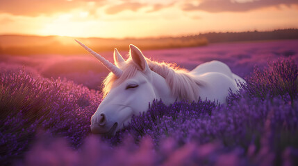 White unicorn in lavender field at sunset
