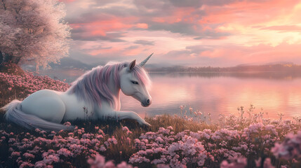 Peaceful unicorn by a misty lake at sunrise