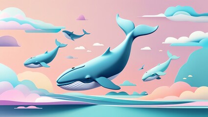 Whales swimming in a pastel sky with clouds