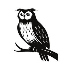Silhouette of an owl perched on a tree branch against a white background