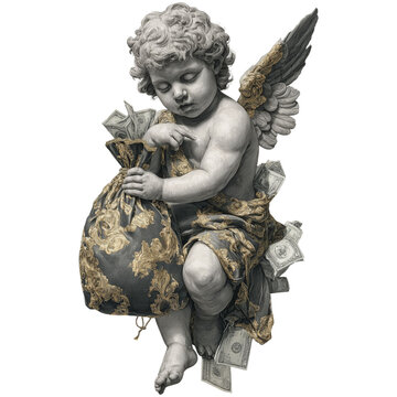 Melancholic angel statue with gold money bags and flying dollar bills isolated on transparent background

