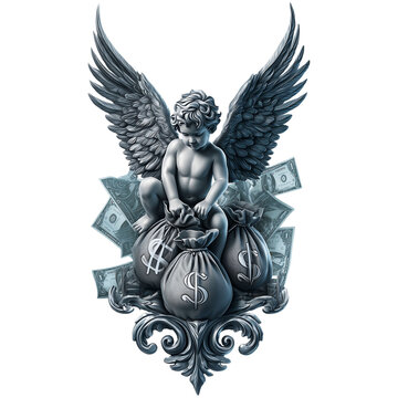 Winged cherub angel sitting on money bags with flying dollar bills in dramatic grayscale on transparent background
