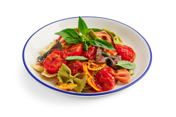 Bowl of delicious farfalle pasta with tomato and basil on white background, closeup