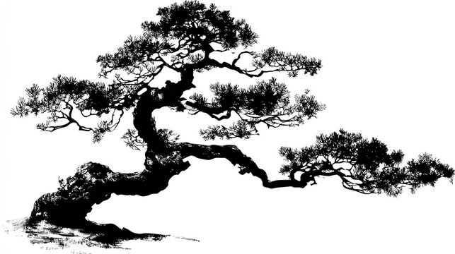 Black and white bonsai tree silhouette