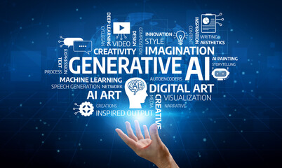 Hand Reaching Towards Words Depicting Generative AI Concepts and Technologies Highlighting Creativity, Imagination, and Innovation in Digital Art. Tessel.