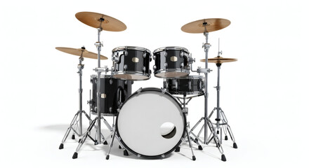 Isolated drum kit with black shells and cymbals on a white backdrop