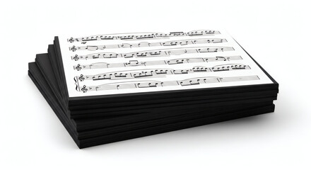 Stack of musical sheets with notes in black and white close up view