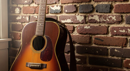 Obraz premium Acoustic guitar leaning against a textured brick wall indoors studio